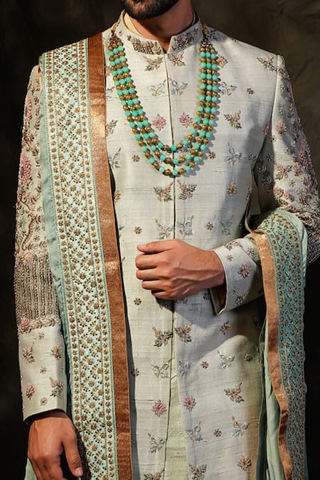 Shop_Soniya G_Blue Raw Silk Embroidered Sherwani Set_Online_at_Aza_Fashions