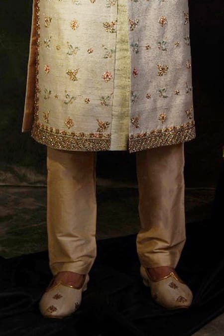 Soniya G_Blue Raw Silk Embroidered Sherwani Set_at_Aza_Fashions