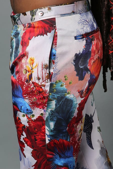 House Of Three_Multi Color Silk Satin Printed Ocean Neer Pant  _at_Aza_Fashions