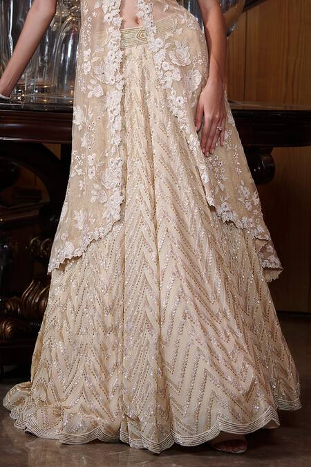 Sawan Gandhi_Beige Lehenga Set With Organza Cape_Online_at_Aza_Fashions