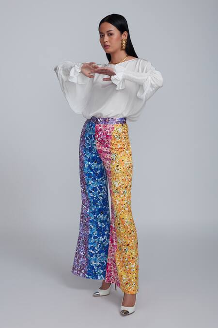 World Of RA_Multi Color Cupro Satin Lining Muslin Printed Pearl Motifs Flared Trouser_Online_at_Aza_Fashions