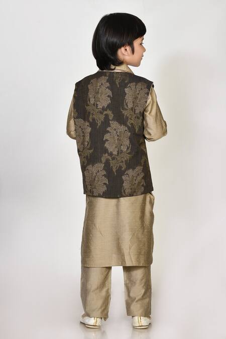 Shop_Petite Pomme_Brown Handloom Cotton, Silk Embroidery Jacket And Kurta Set _at_Aza_Fashions
