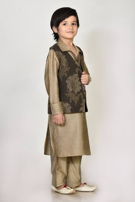 Petite Pomme_Brown Handloom Cotton, Silk Embroidery Jacket And Kurta Set _Online_at_Aza_Fashions