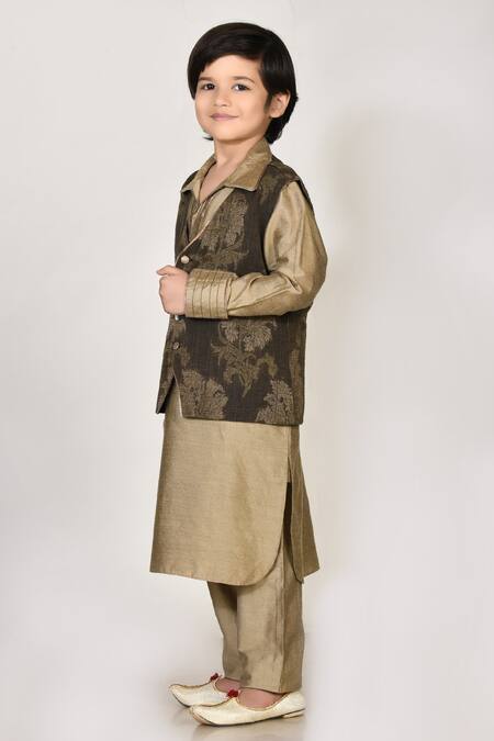 Buy_Petite Pomme_Brown Handloom Cotton, Silk Embroidery Jacket And Kurta Set _Online_at_Aza_Fashions