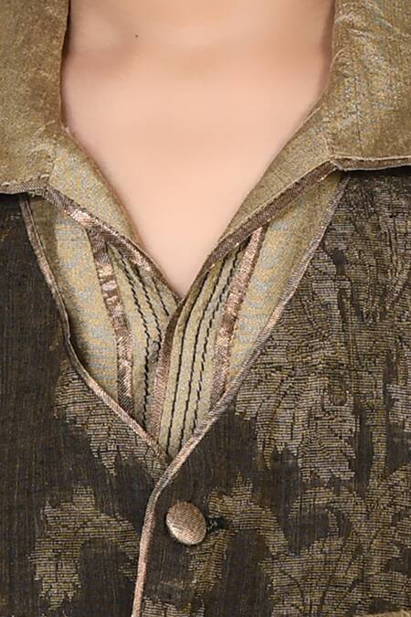 Petite Pomme_Brown Handloom Cotton, Silk Embroidery Jacket And Kurta Set _at_Aza_Fashions