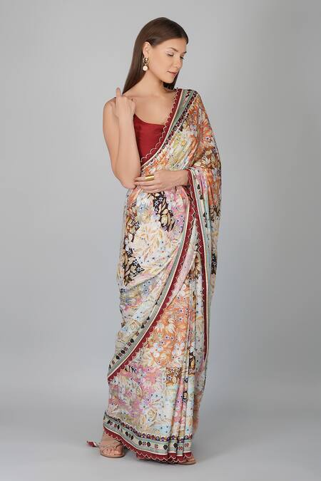Buy_Devyani Mehrotra_Multi Color Viscose Satin Georgette Printed Melange Saree_Online_at_Aza_Fashions