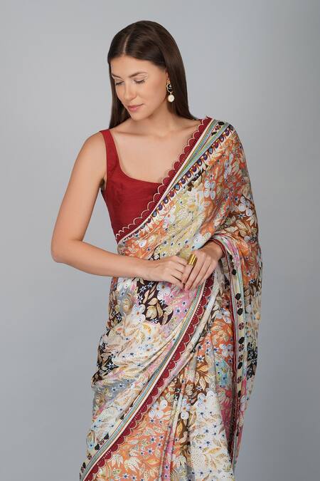 Shop_Devyani Mehrotra_Multi Color Viscose Satin Georgette Printed Melange Saree_Online_at_Aza_Fashions