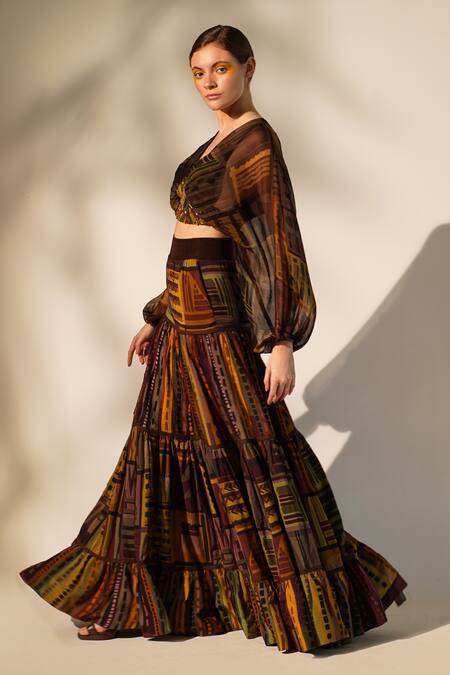 Shop_Nikita Mhaisalkar_Multi Color Muslin, Silk Abstract Print Skirt _Online_at_Aza_Fashions