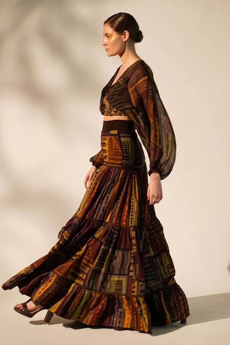 Nikita Mhaisalkar_Multi Color Muslin, Silk Abstract Print Skirt _at_Aza_Fashions