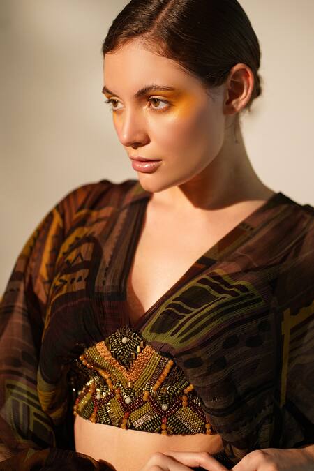 Nikita Mhaisalkar_Multi Color Chiffon Beads, Sequins, Cut Work Abstract Print Balloon Sleeve Top _at_Aza_Fashions