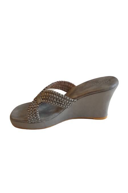 Cinderella By Heena Yusuf_Grey Braided Strap Solid Wedges _Online_at_Aza_Fashions