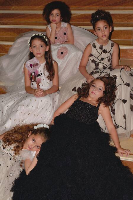 Buy_Swati Golyan_Beige Net Hand Applique Embroidered And Embellished 3d Tulip Work Gown  _Online_at_Aza_Fashions