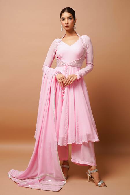 Ahi Clothing Pink Georgette, Satin Embroidery, Zari, Gota Patti V-neck Anarkali Set at Aza Fashions Ahi Clothing_Pink Georgette, Satin Embroidery, Zari, Gota Patti V-neck Anarkali Set _at_Aza_Fashions