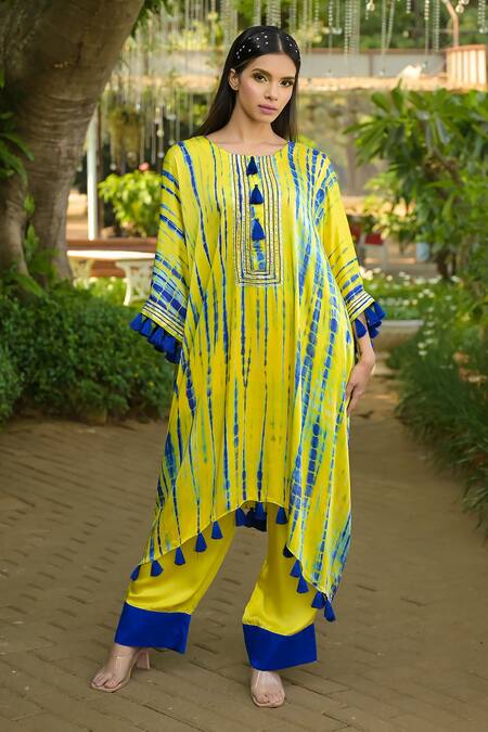 Disha Kahai_Yellow Cotton Satin Tassels, Embroidery Round Tie-dye Pattern Kaftan And Pant Set_Online_at_Aza_Fashions