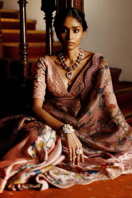 Archana Jaju Pink Anarkali Pure Silk, Leggings Cotton Lycra And Dupatta Hand Painted Set at Aza Fashions Archana Jaju_Pink Anarkali Pure Silk, Leggings Cotton Lycra And Dupatta Hand Painted Set_at_Aza_Fashions