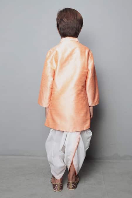 Shop Maaikid Peach Cotton, Silk Embroidery Overlap Kurta Set at Aza Fashions Shop_Maaikid_Peach Cotton, Silk Embroidery Overlap Kurta Set _at_Aza_Fashions