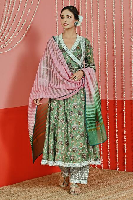 Myaara Green Cotton, Organza Embroidery, Mirrors V-neck Floral Print Anarkali Set Online at Aza Fashions Myaara_Green Cotton, Organza Embroidery, Mirrors V-neck Floral Print Anarkali Set _Online_at_Aza_Fashions