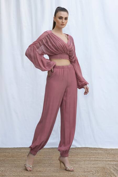 Shop Amrta By Guneet Kondal Pink Viscose Embroidery V-neck Designer Puffed Sleeve Top And Pant Set Online at Aza Fashions Shop_Amrta By Guneet Kondal_Pink Viscose Embroidery V-neck Designer Puffed Sleeve Top And Pant Set _Online_at_Aza_Fashions