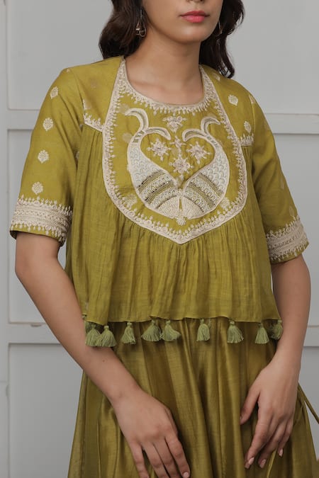Shop_Myoho_Green Silk, Brocade Embroidery, Tassels Round Neck Yoke Top Lehenga Set _Online_at_Aza_Fashions