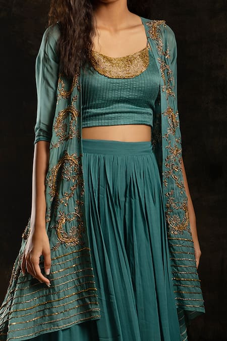 Mona And Vishu_Blue Bustier  Dupion Silk, Jacket  Organza, Asymmetric Embroidered Set _Online_at_Aza_Fashions