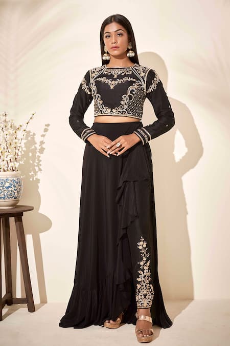 suruchi parakh Black Tussar Silk And Crepe Lining Shantoon Embellishment Crop Top & Pant Set