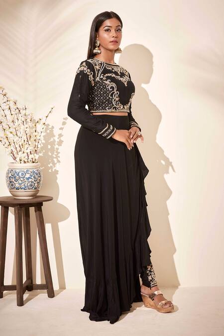Suruchi Parakh_Black Tussar Silk And Crepe Lining Shantoon Sequin, Cutdana Crop Top & Pant Set_Online_at_Aza_Fashions