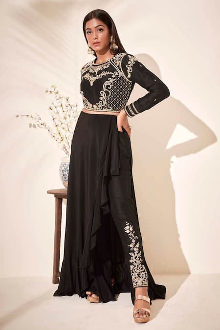 Buy_Suruchi Parakh_Black Tussar Silk And Crepe Lining Shantoon Sequin, Cutdana Crop Top & Pant Set_Online_at_Aza_Fashions