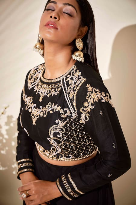 Shop_Suruchi Parakh_Black Tussar Silk And Crepe Lining Shantoon Sequin, Cutdana Crop Top & Pant Set_Online_at_Aza_Fashions