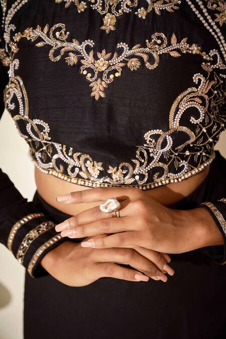 Suruchi Parakh_Black Tussar Silk And Crepe Lining Shantoon Sequin, Cutdana Crop Top & Pant Set_at_Aza_Fashions