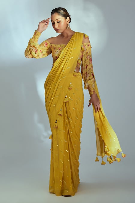 Buy_Suruchi Parakh_Yellow Crepe Mirror Work, Floral Embroidered Pre-draped Saree With Blouse _Online_at_Aza_Fashions