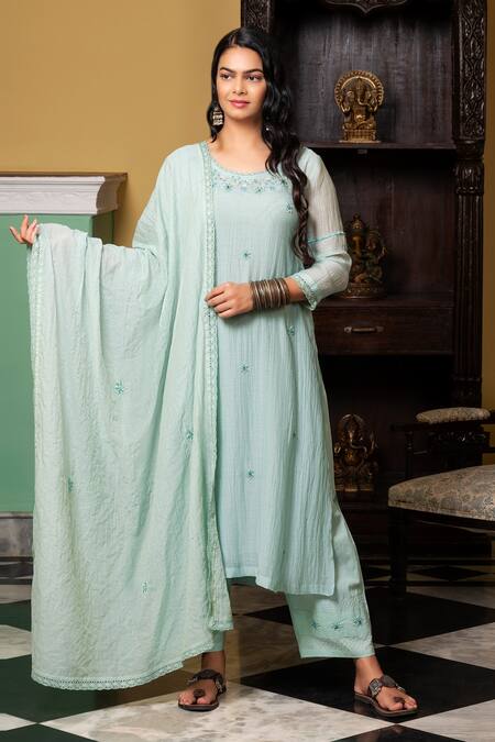 Shop_Yati_Blue Kurta  Fine Chanderi Hand Embroidered Beads Round Sequins A-line Set_Online_at_Aza_Fashions