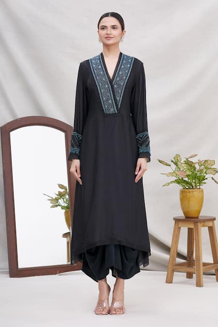 Shop_Ekta Singh_Black Silk V Neck Draped Kurta With Dupatta _Online_at_Aza_Fashions