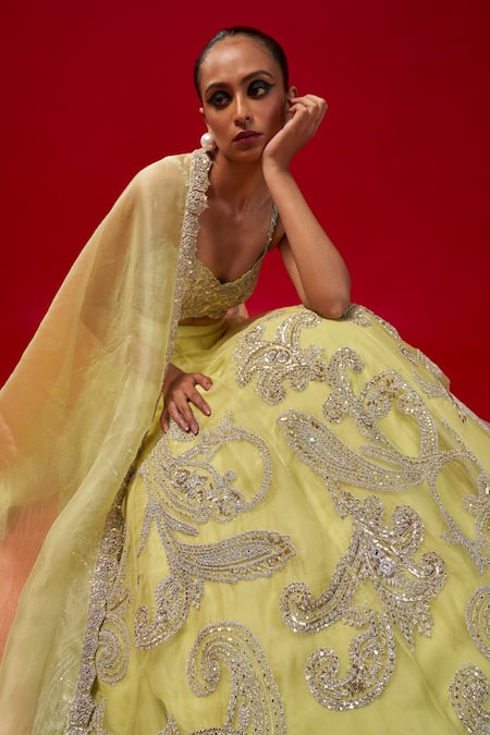 Shop Bhumika Sharma Green Organza, Net Embroidery Sweetheart Neck Paisley Jaal Lehenga Set Online at Aza Fashions Shop_Bhumika Sharma_Green Organza, Net Embroidery Sweetheart Neck Paisley Jaal Lehenga Set _Online_at_Aza_Fashions