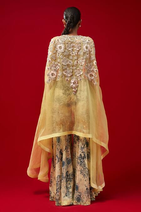 Buy Bhumika Sharma Blue Organza, Georgette Embroidery, Floral Cape And Blossom Print Sharara Set Online at Aza Fashions Buy_Bhumika Sharma_Blue Organza, Georgette Embroidery, Floral Cape And Blossom Print Sharara Set _Online_at_Aza_Fashions