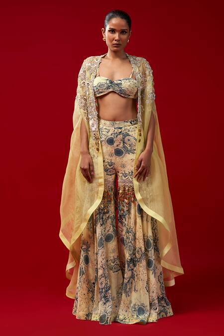 Shop Bhumika Sharma Blue Organza, Georgette Embroidery, Floral Cape And Blossom Print Sharara Set Online at Aza Fashions Shop_Bhumika Sharma_Blue Organza, Georgette Embroidery, Floral Cape And Blossom Print Sharara Set _Online_at_Aza_Fashions