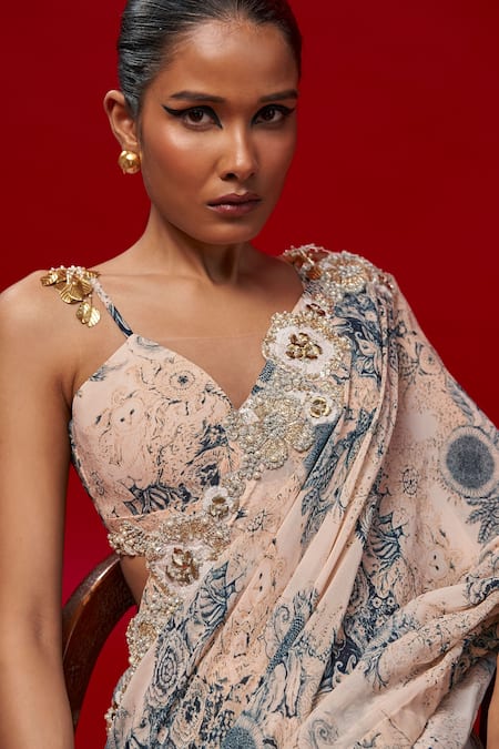 Buy Bhumika Sharma Beige Georgette Tassels, Embroidery, Cut Work Blossom Print Saree With Blouse Online at Aza Fashions Buy_Bhumika Sharma_Beige Georgette Tassels, Embroidery, Cut Work Blossom Print Saree With Blouse _Online_at_Aza_Fashions