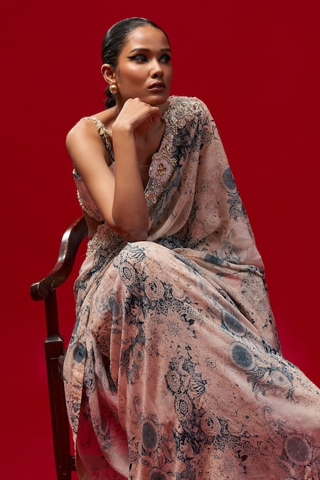 Shop Bhumika Sharma Beige Georgette Tassels, Embroidery, Cut Work Blossom Print Saree With Blouse Online at Aza Fashions Shop_Bhumika Sharma_Beige Georgette Tassels, Embroidery, Cut Work Blossom Print Saree With Blouse _Online_at_Aza_Fashions