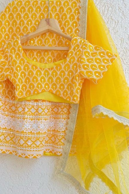 Tiny Pants Yellow Georgette, Satin Embroidery Blouse Lehenga Set Online at Aza Fashions Tiny Pants_Yellow Georgette, Satin Embroidery Blouse Lehenga Set _Online_at_Aza_Fashions