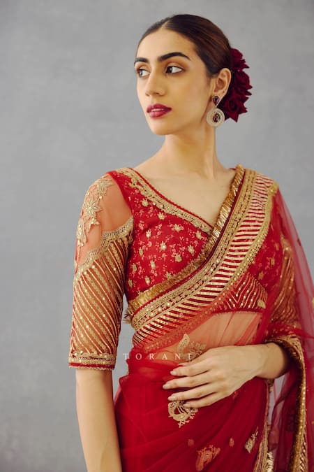 Buy_Torani_Red Silk Embroidery Sindoori Ojasvi Saree _Online_at_Aza_Fashions