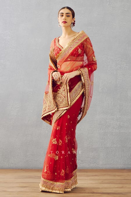 Shop_Torani_Red Silk Embroidery Sindoori Ojasvi Saree _Online_at_Aza_Fashions