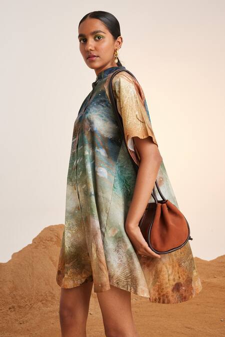 Buy_Cord_Blue Cotton Satin Mandarin Collar Underwater Print A-line Dress_Online_at_Aza_Fashions
