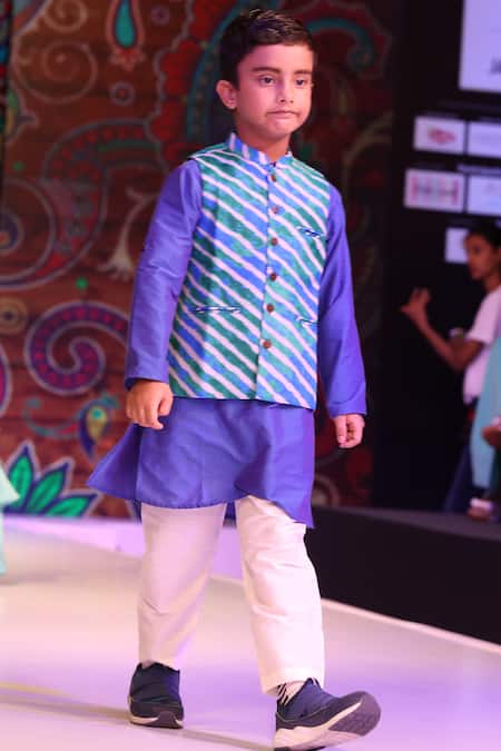 Kids Lane_Blue Kota Doria, Cotton, Silk Leheriya Print Kurta Set With Jacket_Online_at_Aza_Fashions
