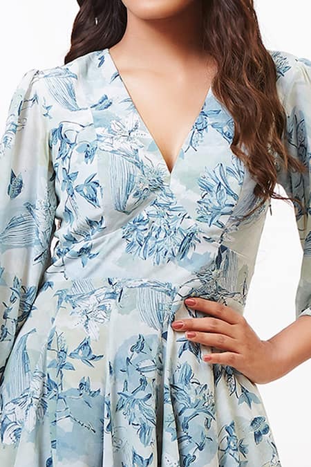 Shop Ankita Dharman White Georgette V Neck Floral Print Mini Dress Online at Aza Fashions Shop_Ankita Dharman_White Georgette V Neck Floral Print Mini Dress _Online_at_Aza_Fashions