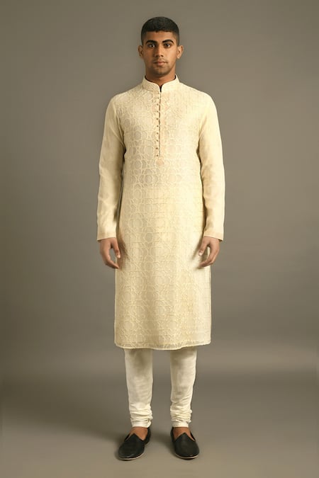 Shop Dhruv Vaish Beige Cotton Silk Chanderi Kurta Set at Aza Fashions Shop_Dhruv Vaish_Beige Cotton Silk Chanderi Kurta Set _at_Aza_Fashions