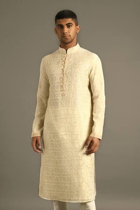 Dhruv Vaish Beige Cotton Silk Chanderi Kurta Set Online at Aza Fashions Dhruv Vaish_Beige Cotton Silk Chanderi Kurta Set _Online_at_Aza_Fashions