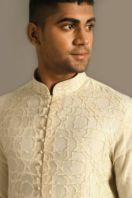 Buy Dhruv Vaish Beige Cotton Silk Chanderi Kurta Set Online at Aza Fashions Buy_Dhruv Vaish_Beige Cotton Silk Chanderi Kurta Set _Online_at_Aza_Fashions