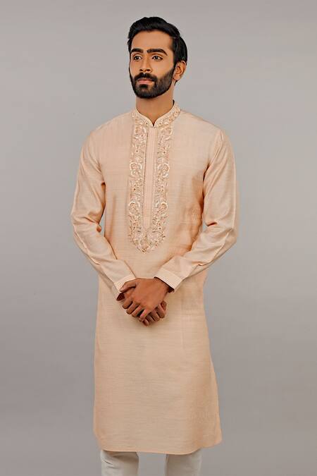 Vanshik Peach Kurta Monga Churidar Cotton Embroidered Set Online at Aza Fashions Vanshik_Peach Kurta Monga Churidar Cotton Embroidered Set _Online_at_Aza_Fashions