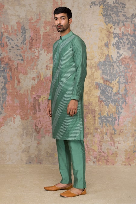 Devnaagri Green Cotton Silk Blend Pintuck Kurta And Pant Set Online at Aza Fashions Devnaagri_Green Cotton Silk Blend Pintuck Kurta And Pant Set _Online_at_Aza_Fashions