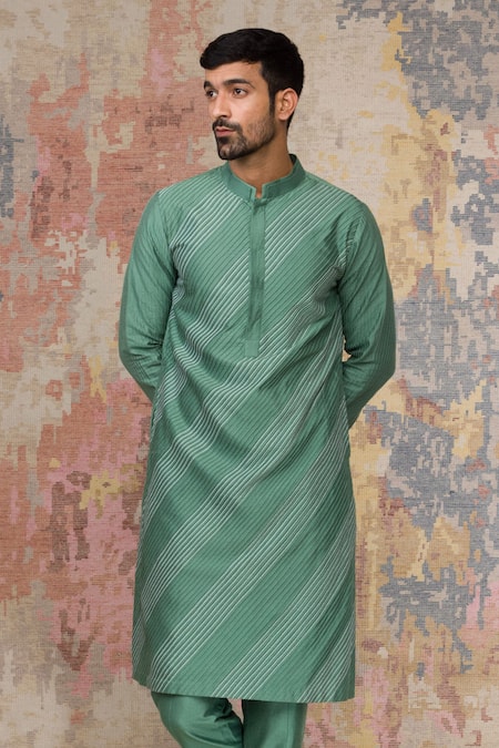 Shop Devnaagri Green Cotton Silk Blend Pintuck Kurta And Pant Set Online at Aza Fashions Shop_Devnaagri_Green Cotton Silk Blend Pintuck Kurta And Pant Set _Online_at_Aza_Fashions
