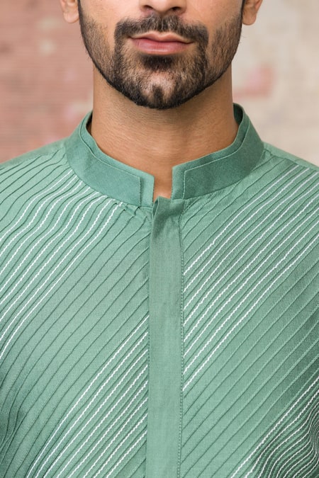 Devnaagri Green Cotton Silk Blend Pintuck Kurta And Pant Set at Aza Fashions Devnaagri_Green Cotton Silk Blend Pintuck Kurta And Pant Set _at_Aza_Fashions